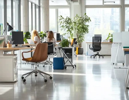 Professional commercial cleaning services in Ottawa ensuring a spotless business environment with polished floors and organized workspaces.