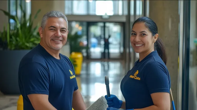 Two professional cleaners maintaining the cleanliness of a commercial building’s lobby, ensuring a spotless and welcoming environment.