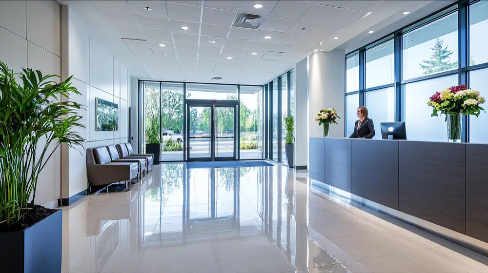 Bright and clean modern office lobby in Ottawa, showcasing the positive impact of professional cleaning services.