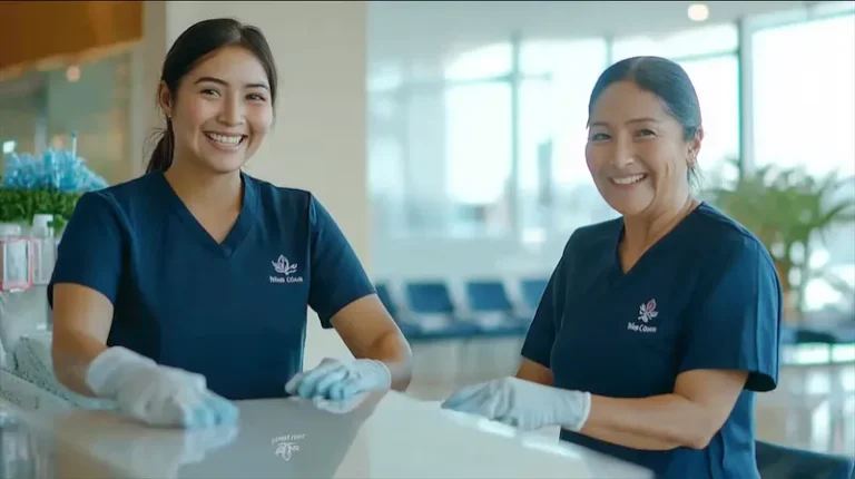 Two professional cleaners disinfecting a medical clinic to maintain a sterile and safe environment for patients and staff.