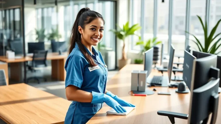 A professional cleaner sanitizing an office desk, ensuring a spotless and productive workspace.