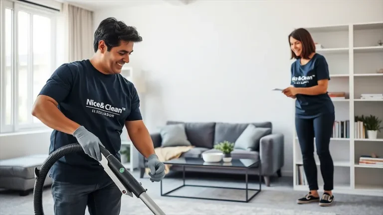 wo professional cleaners performing a detailed move-out cleaning in a modern apartment, ensuring a spotless space for the next tenant.