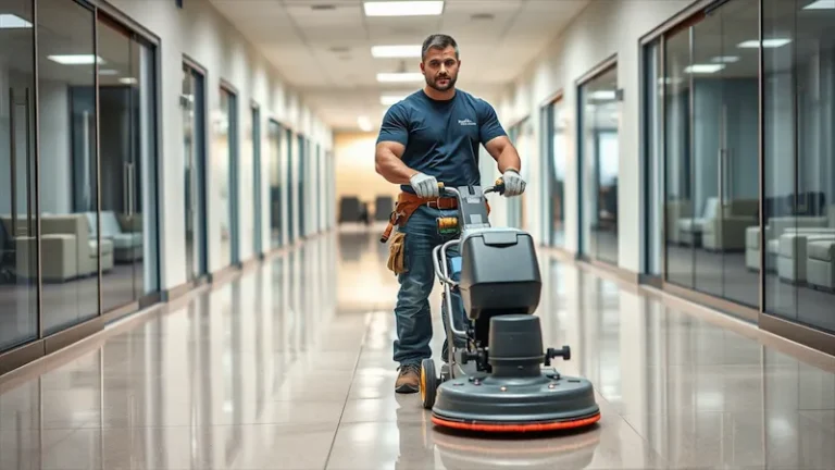 Professional cleaner using a floor buffer to strip and wax a commercial hallway, restoring a polished finish