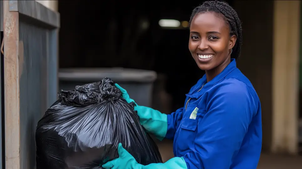 Woman in blue uniform throwing out garbage bag while smiling at the camera