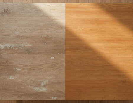 Split screen comparison of a wooden coffee table showing a dull dry surface on the left and a polished glowing surface on the right.