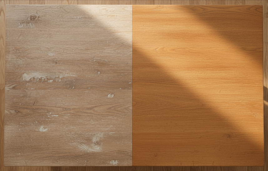 Split screen comparison of a wooden coffee table showing a dull dry surface on the left and a polished glowing surface on the right.