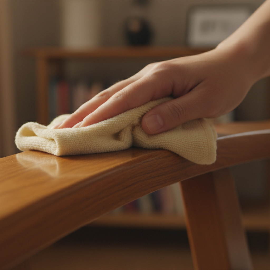 Close up of a hand buffing a polished wooden chair armrest to achieve a satin sheen.