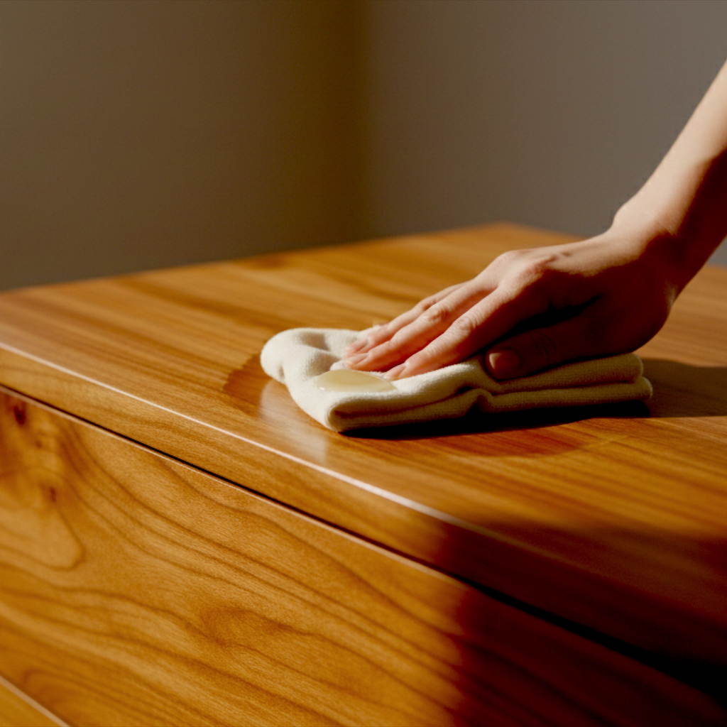 Hands applying liquid wood polish to a natural wood dresser surface with a microfiber cloth.